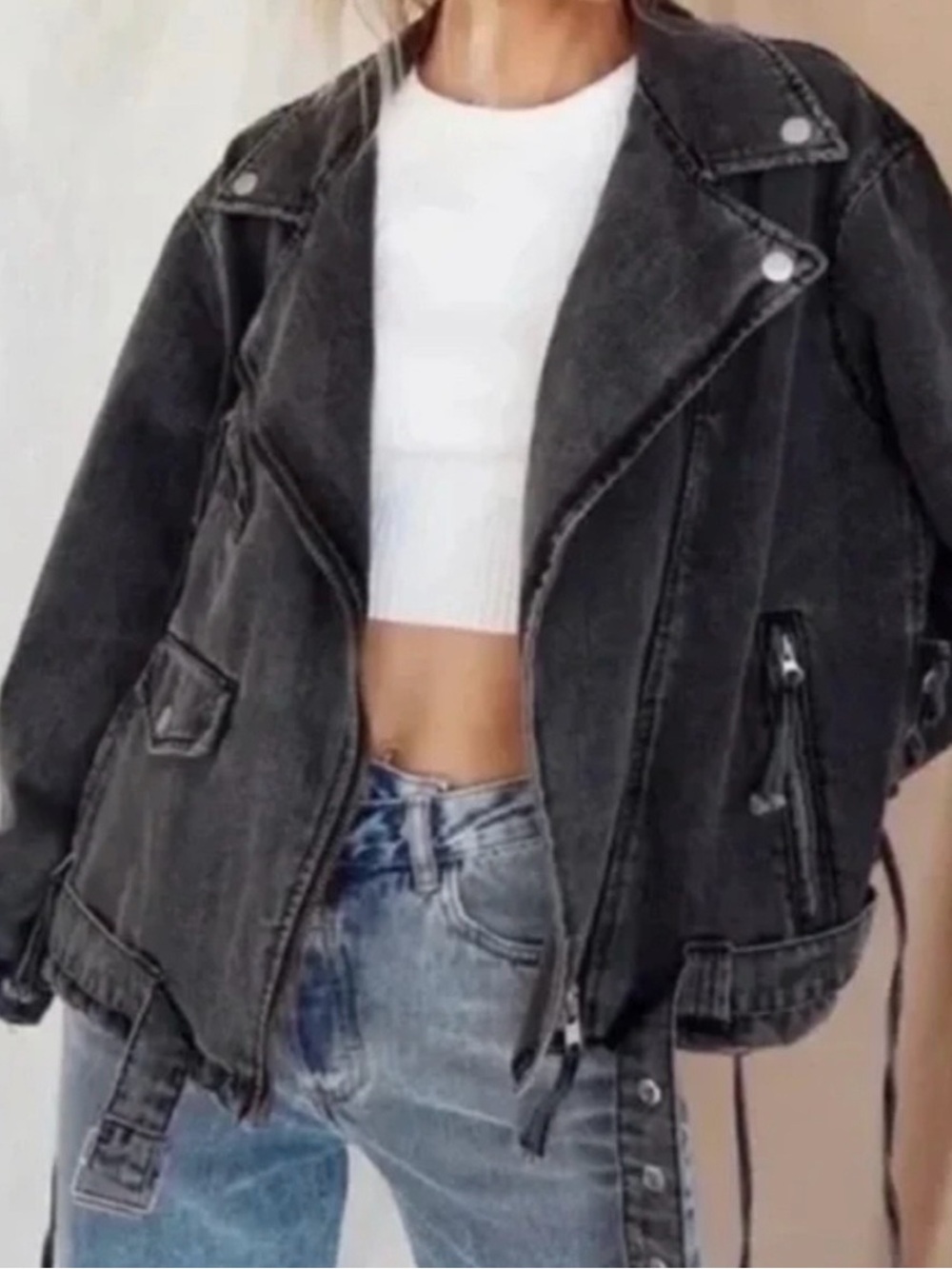 Mod Ref - Oversized Black Washed Denim Moto Jacket - Women - Small